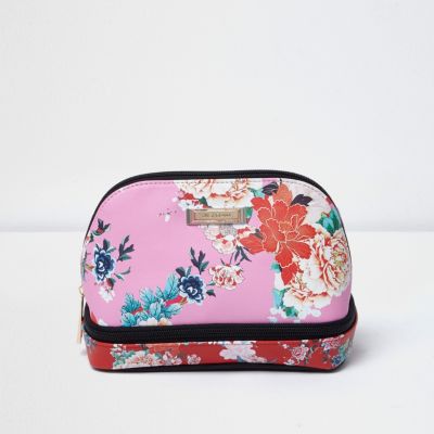 Pink floral multi zip make-up bag
